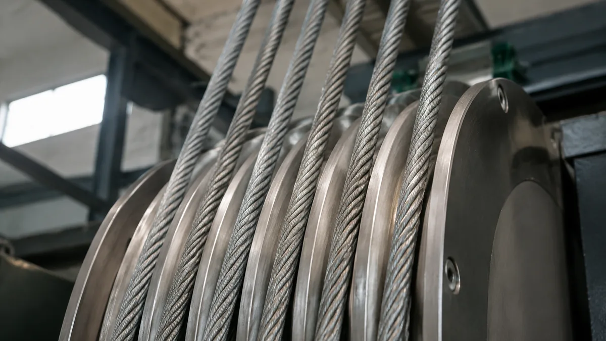 Multiple steel wire ropes running over grooved sheaves without a visible load